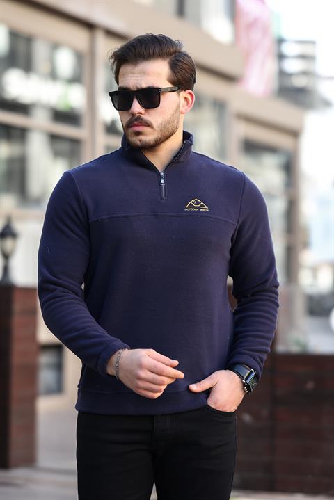 Miron Lacivert Unisex Nakışlı Dik Yaka Yarım Fermuarlı Polar Sweatshirt- 2321