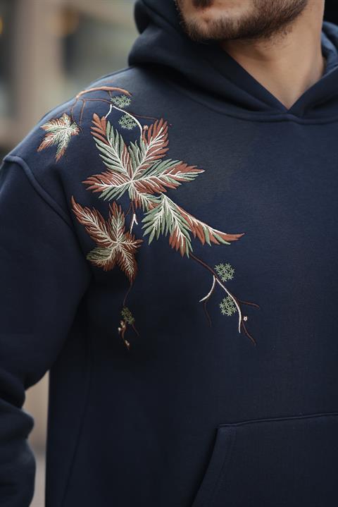 Miron Lacivert Yaprak Nakışlı Üç İplik Oversize Sweatshirt- 2458