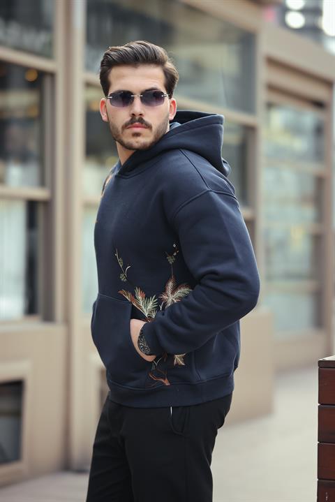 Miron Lacivert Yaprak Nakışlı Üç İplik Oversize Sweatshirt- 2458