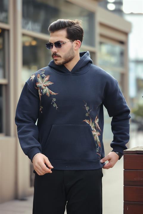 Miron Lacivert Yaprak Nakışlı Üç İplik Oversize Sweatshirt- 2458