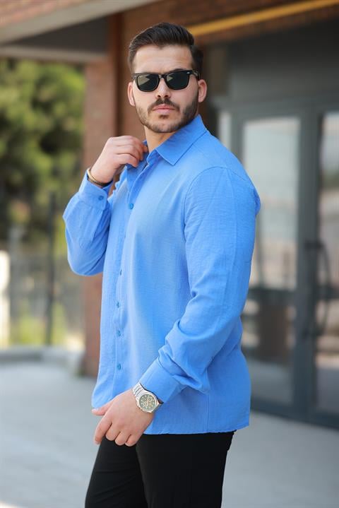 Miron Mavi Düz Uzun Kollu Regular Fit Gömlek- 2526