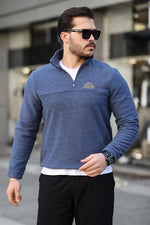 Miron Mavi Unisex Nakışlı Dik Yaka Yarım Fermuarlı Polar Sweatshirt - 2321