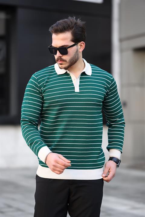 Miron Nefti Düğme Detaylı Çizgili Polo Yaka Triko Kazak -2446