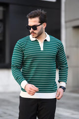 Miron Nefti Düğme Detaylı Çizgili Polo Yaka Triko Kazak -2446