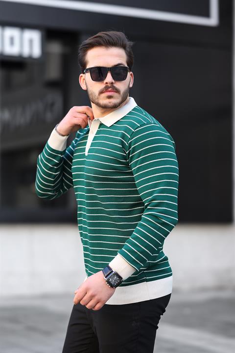 Miron Nefti Düğme Detaylı Çizgili Polo Yaka Triko Kazak -2446