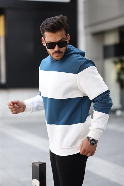 Miron Petrol Beyaz Blok Parçalı Overisize Kapşonlu Üç İplik Sweatshir -2316