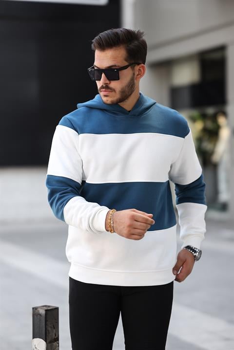 Miron Petrol Beyaz Blok Parçalı Overisize Kapşonlu Üç İplik Sweatshir -2316