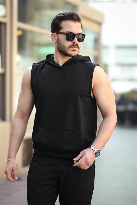 Miron Siyah Basic Kapüşonlu Sporcu Atlet Kolsuz Tişört- 2504