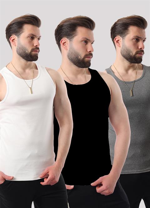 Miron Siyah Beyaz Antrasit Erkek Ribana Üçlü Paket Pamuklu Likralı & Atlet- 2517