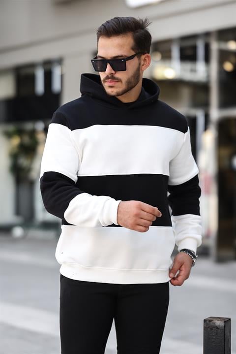 Miron Siyah Beyaz Blok Parçalı Overisize Kapşonlu Üç İplik Sweatshirt- 2316