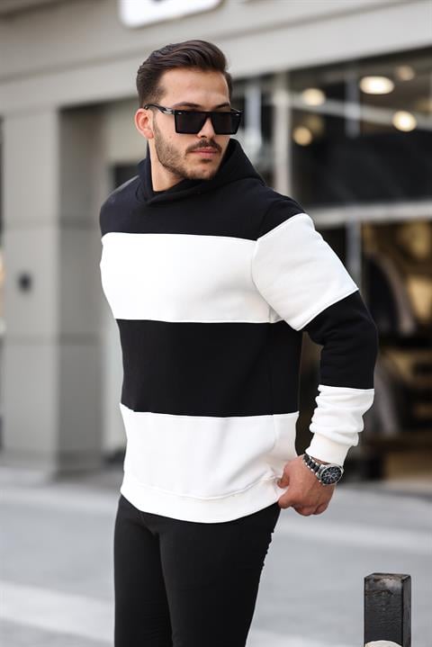 Miron Siyah Beyaz Blok Parçalı Overisize Kapşonlu Üç İplik Sweatshirt- 2316