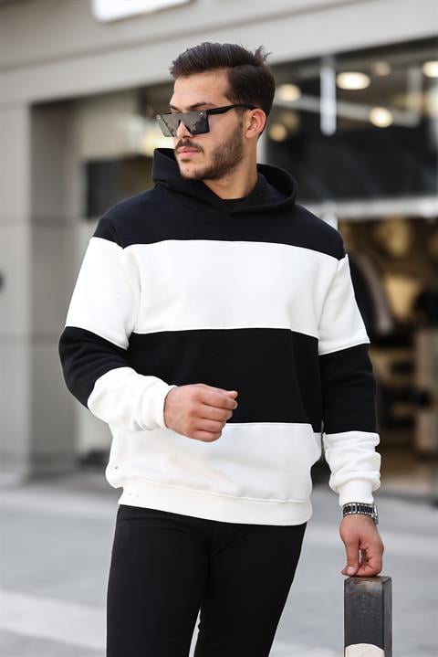 Miron Siyah Beyaz Blok Parçalı Overisize Kapşonlu Üç İplik Sweatshirt- 2316