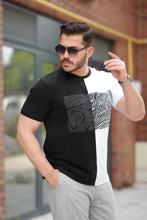 Miron Siyah Beyaz Çizgi Baskılı Regular Fit Sıfır Yaka Kısa Kollu Tişört-2522