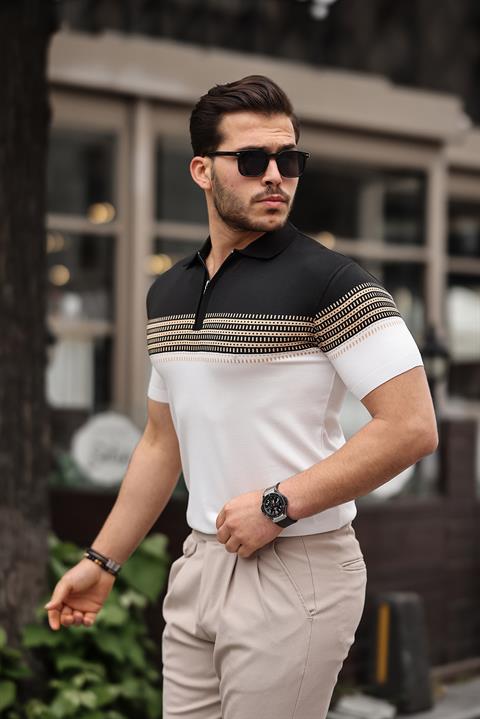 Miron Siyah Beyaz Fermuarlı Triko Polo Yaka Tişört- 2419