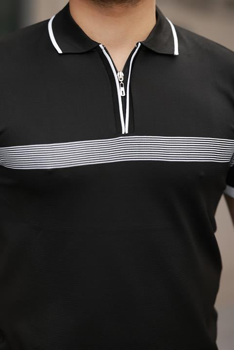 Miron Siyah Çizgili ve Fermuar Detalı Polo Yaka Triko Kısa Kollu Tişört 2512