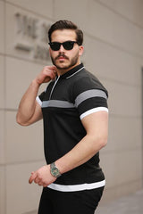 Miron Siyah Çizgili ve Fermuar Detalı Polo Yaka Triko Kısa Kollu Tişört 2512