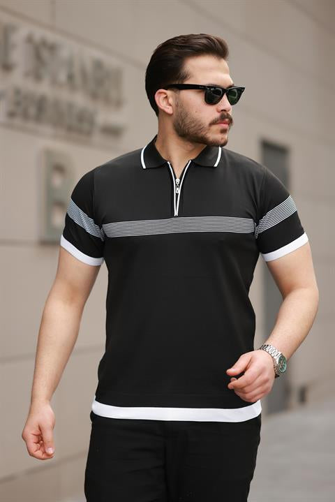 Miron Siyah Çizgili ve Fermuar Detalı Polo Yaka Triko Kısa Kollu Tişört 2512