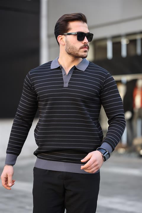 Miron Siyah Düğme Detaylı Çizgili Polo Yaka Triko Kazak -2446