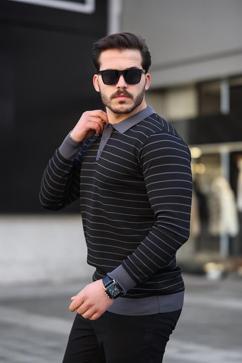 Miron Siyah Düğme Detaylı Çizgili Polo Yaka Triko Kazak -2446