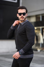 Miron Siyah Düğme Detaylı Çizgili Polo Yaka Triko Kazak -2446