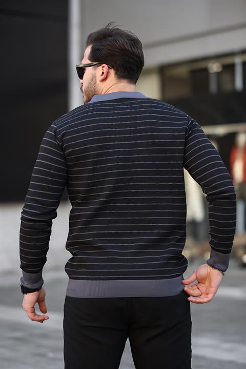 Miron Siyah Düğme Detaylı Çizgili Polo Yaka Triko Kazak -2446