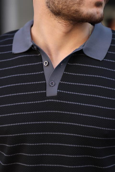 Miron Siyah Düğme Detaylı Çizgili Polo Yaka Triko Kazak -2446