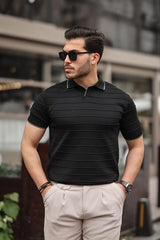 Miron Siyah Kabartma Çizgi Polo Yaka Triko Tişört- 2403