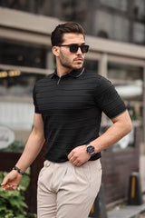 Miron Siyah Kabartma Çizgi Polo Yaka Triko Tişört- 2403
