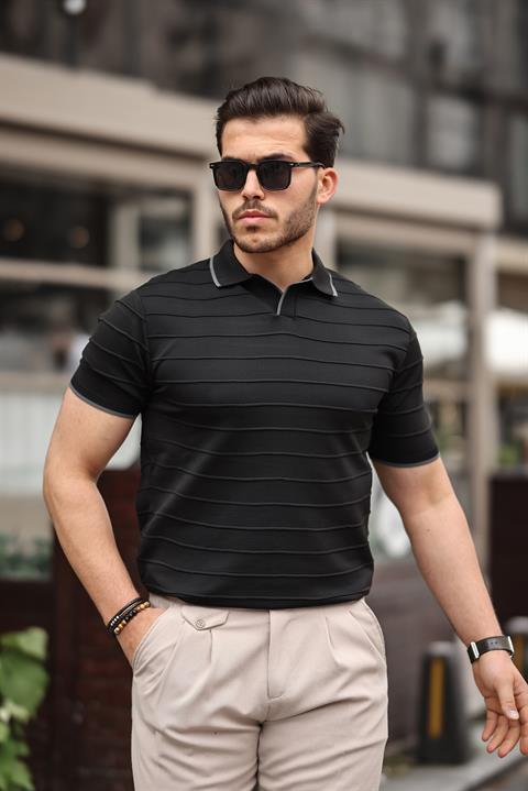 Miron Siyah Kabartma Çizgi Polo Yaka Triko Tişört- 2403