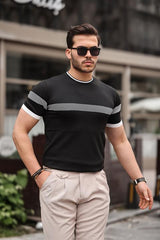 Miron Siyah Sıfır Yaka Çizgili Triko Tişört- 2418