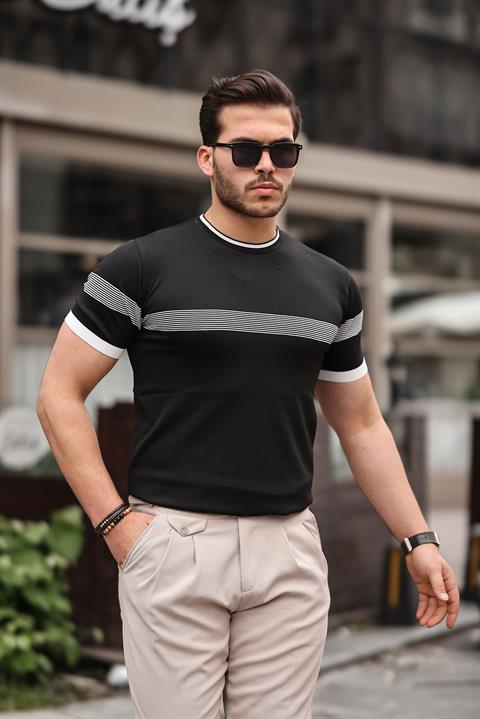 Miron Siyah Sıfır Yaka Çizgili Triko Tişört- 2418