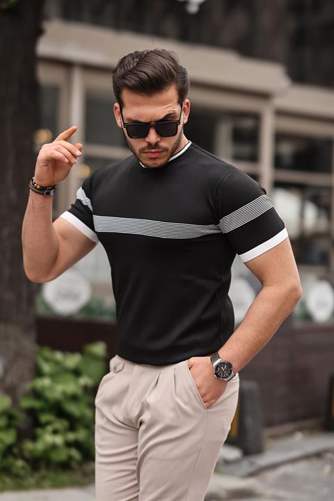 Miron Siyah Sıfır Yaka Çizgili Triko Tişört- 2418