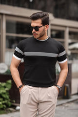 Miron Siyah Sıfır Yaka Çizgili Triko Tişört- 2418