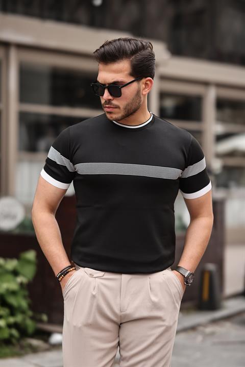 Miron Siyah Sıfır Yaka Çizgili Triko Tişört- 2418