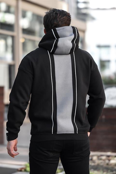 Miron Siyah Sırt Şeritli Kapüşonlu Üç İplik Oversize Sweatshirt-2437