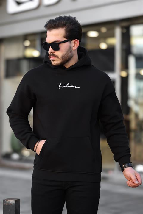Miron Siyah Sırtı Baskılı Kapüşonlu Üç İplik Oversize Sweatshirt- 2441