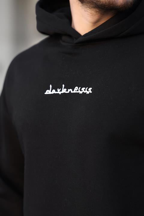 Miron Siyah Sırtı Etnik Baskılı Kapüşonlu  Üç İplik Oversize Sweatshirt-2438