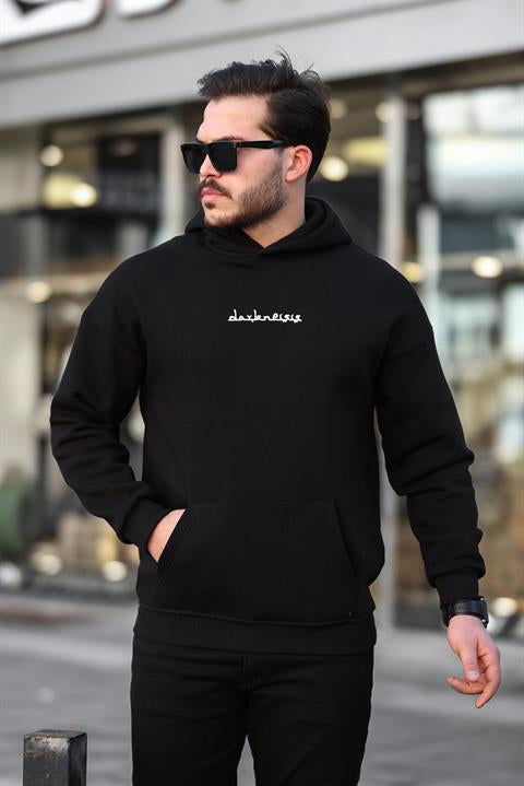 Miron Siyah Sırtı Etnik Baskılı Kapüşonlu  Üç İplik Oversize Sweatshirt-2438