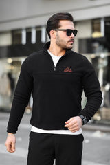 Miron Siyah Unisex Nakışlı Dik Yaka Yarım Fermuarlı Polar Sweatshirt- 2321