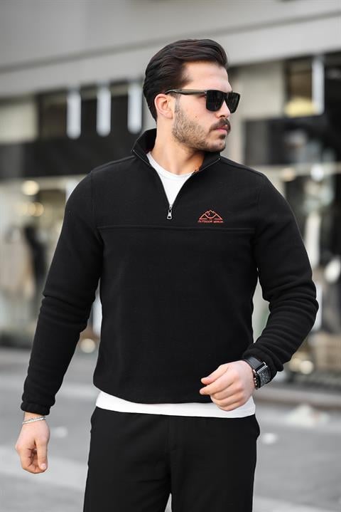 Miron Siyah Unisex Nakışlı Dik Yaka Yarım Fermuarlı Polar Sweatshirt- 2321