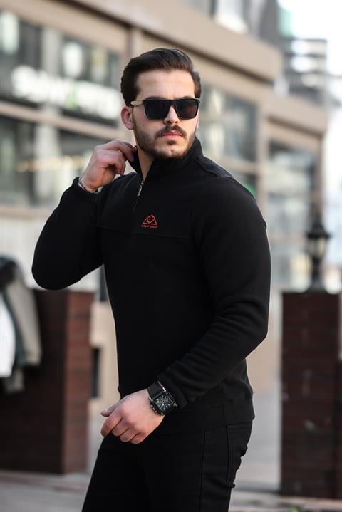 Miron Siyah Unisex Nakışlı Dik Yaka Yarım Fermuarlı Polar Sweatshirt- 2321