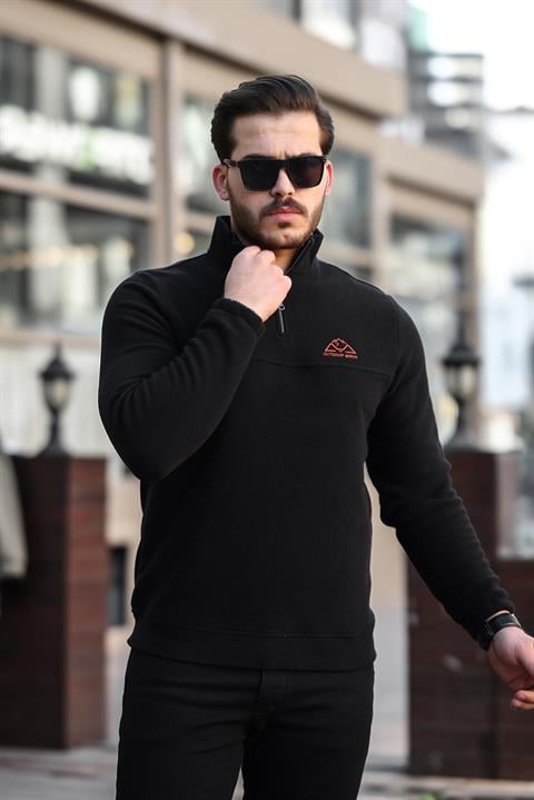 Miron Siyah Unisex Nakışlı Dik Yaka Yarım Fermuarlı Polar Sweatshirt- 2321