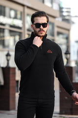 Miron Siyah Unisex Nakışlı Dik Yaka Yarım Fermuarlı Polar Sweatshirt- 2321