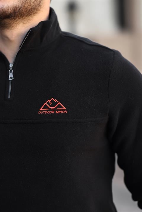 Miron Siyah Unisex Nakışlı Dik Yaka Yarım Fermuarlı Polar Sweatshirt- 2321