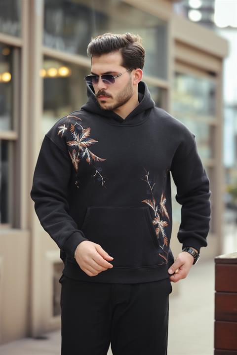 Miron Siyah Yaprak Nakışlı Üç İplik Oversize Sweatshirt- 2458