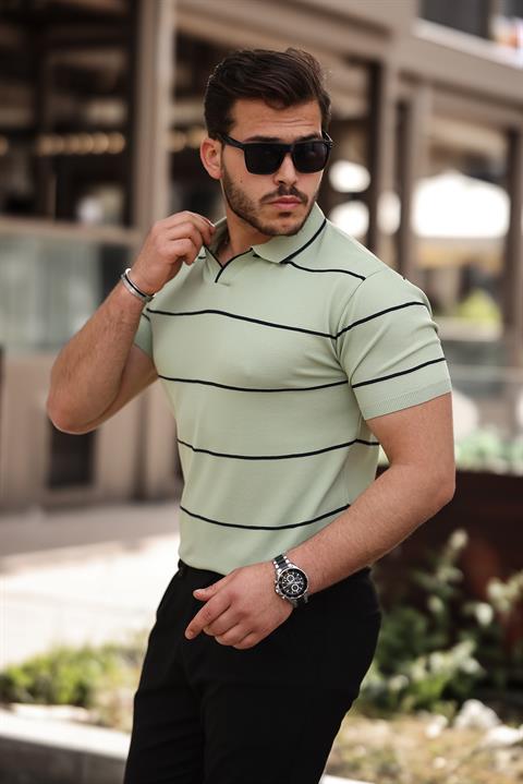 Miron Su Yeşili Çizgili Triko Polo Yaka Tişört- 2427