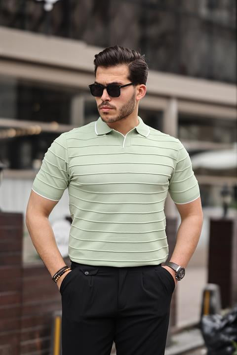 Miron Su Yeşili Kabartma Çizgi Polo Yaka Triko Tişört- 2403