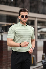 Miron Su Yeşili Kabartma Çizgi Polo Yaka Triko Tişört- 2403