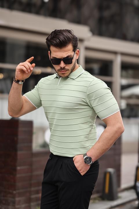 Miron Su Yeşili Kabartma Çizgi Polo Yaka Triko Tişört- 2403