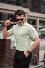 Miron Su Yeşili Kabartma Çizgi Polo Yaka Triko Tişört- 2403